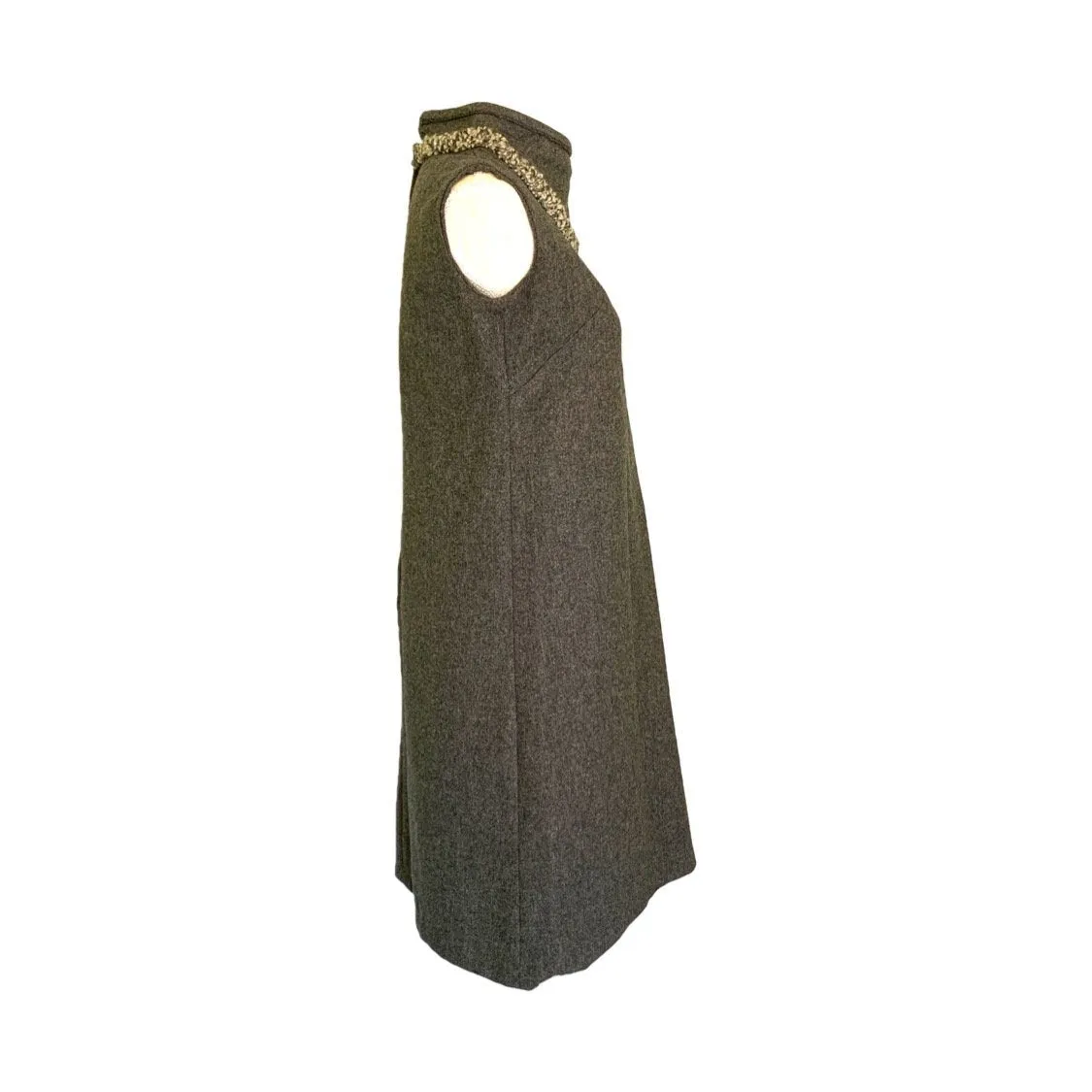 Vintage Gray Wool A-Line  Dress Perfect for Fall. Sleeveless Sheath Dress with Trim Neckline.