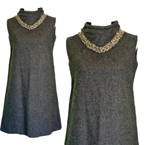 Vintage Gray Wool A-Line  Dress Perfect for Fall. Sleeveless Sheath Dress with Trim Neckline.