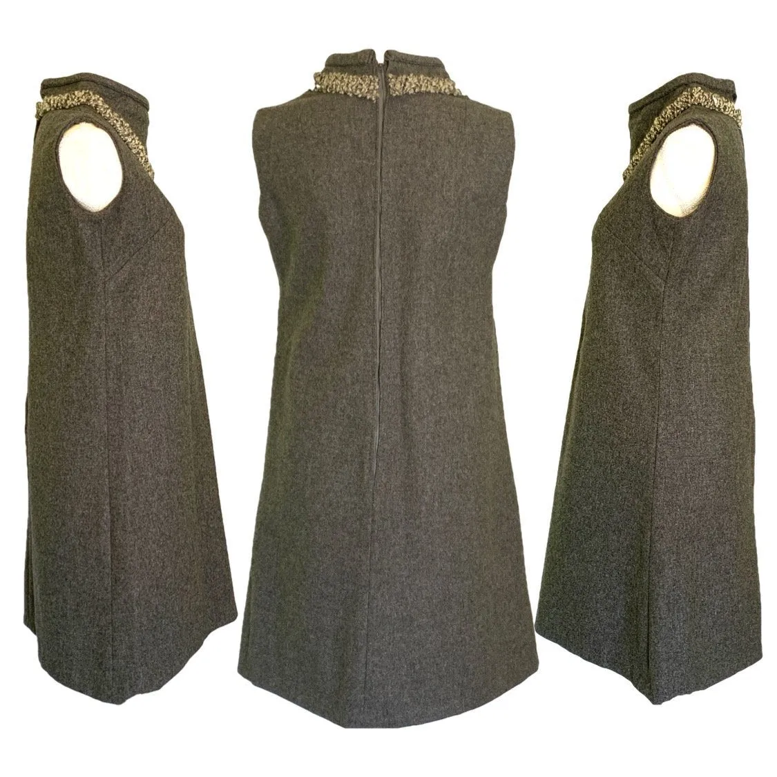 Vintage Gray Wool A-Line  Dress Perfect for Fall. Sleeveless Sheath Dress with Trim Neckline.