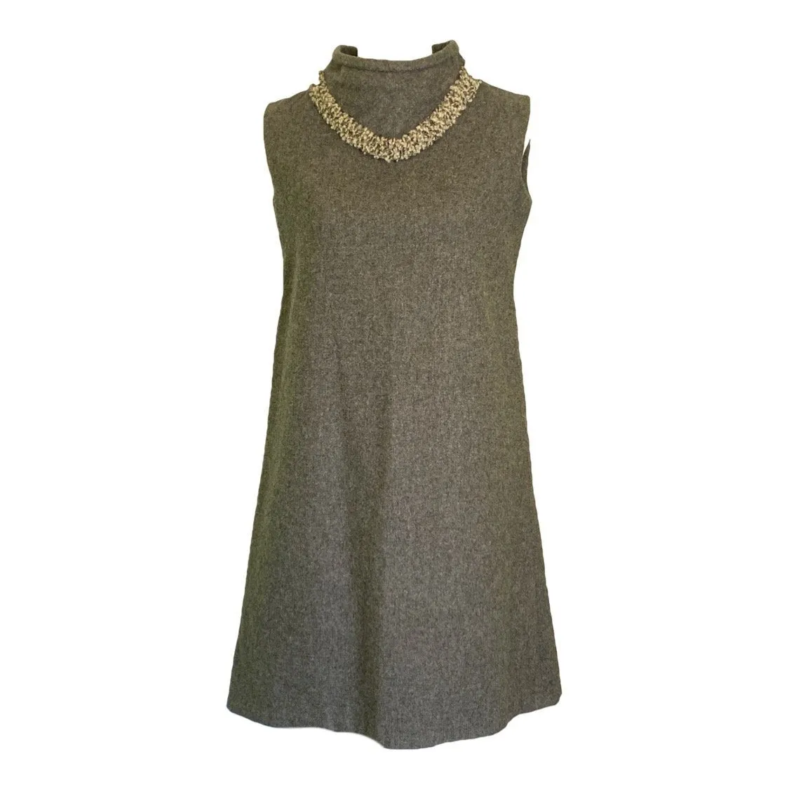 Vintage Gray Wool A-Line  Dress Perfect for Fall. Sleeveless Sheath Dress with Trim Neckline.