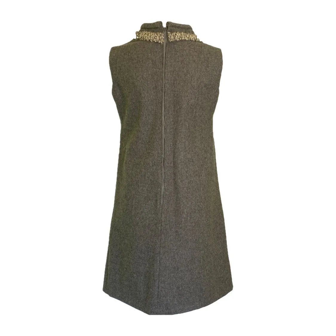 Vintage Gray Wool A-Line  Dress Perfect for Fall. Sleeveless Sheath Dress with Trim Neckline.