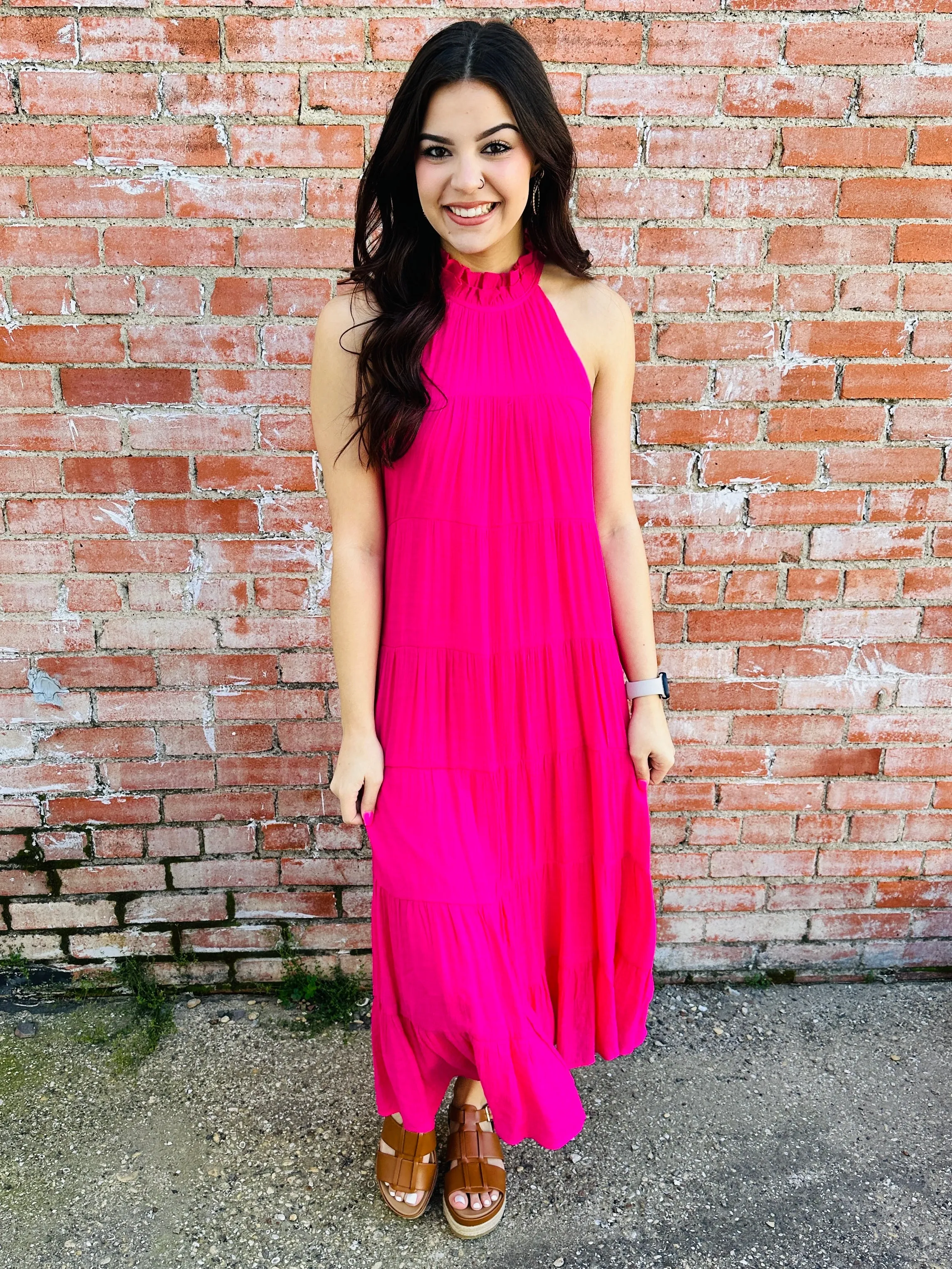 While We Wait Tiered Maxi Dress  Hot Pink