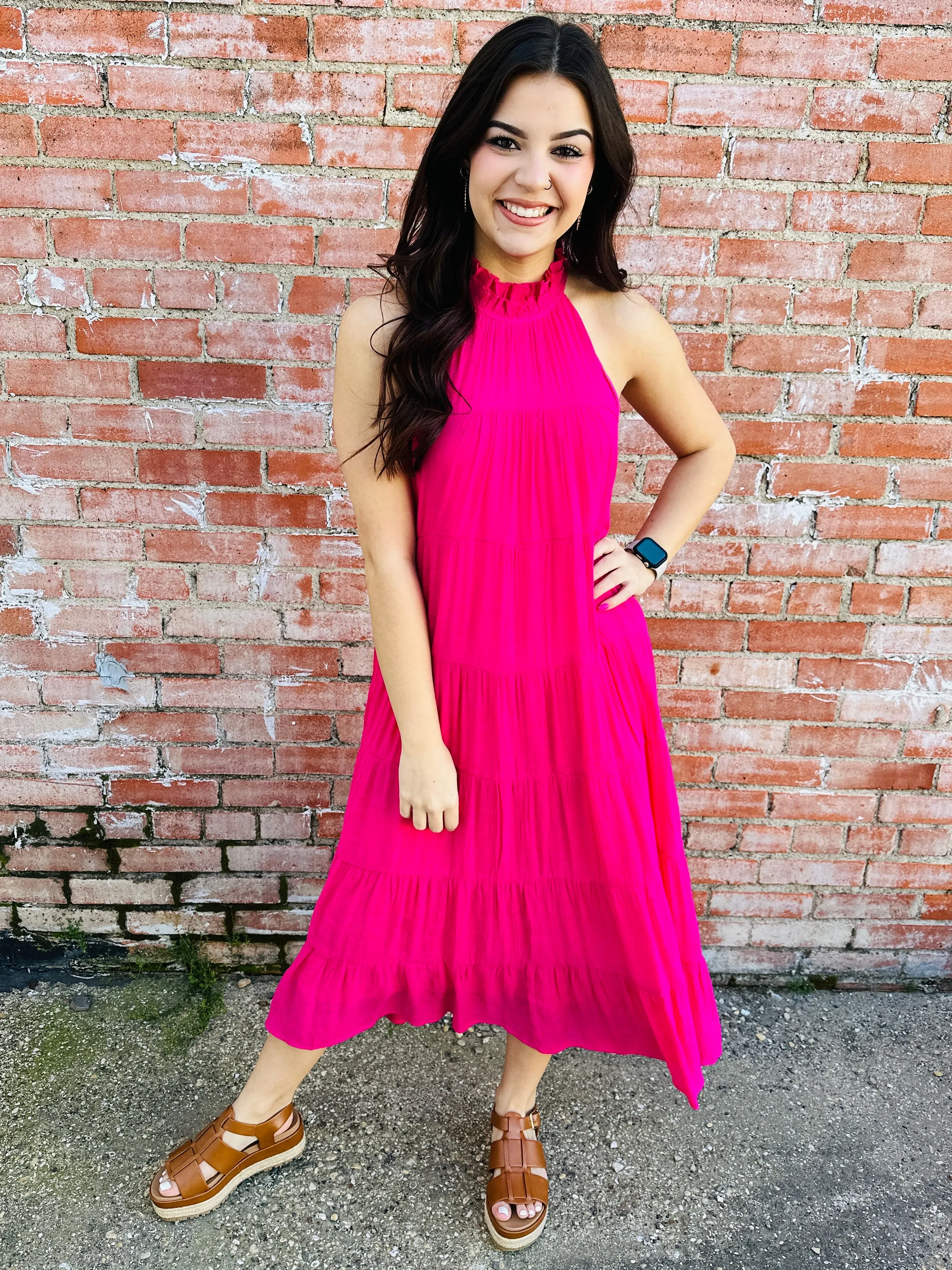 While We Wait Tiered Maxi Dress  Hot Pink