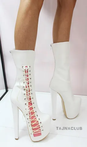 White Ballerina Lace up Mid Calf Boots